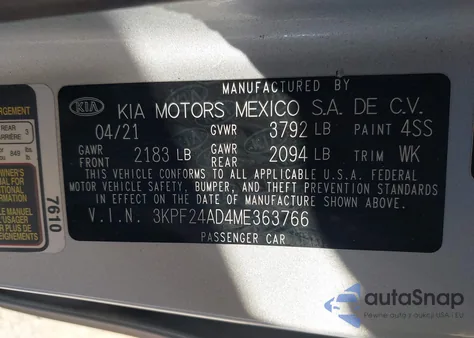 2021 Kia Forte Lxs from USA, damaged, VIN 3KPF24AD4ME363766